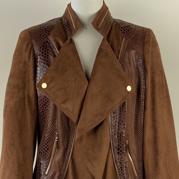 Extenzo Paris NWOT Vegan Faux Brown Suede Exotic Leather Jacket French Fashion - Picture 5 of 12